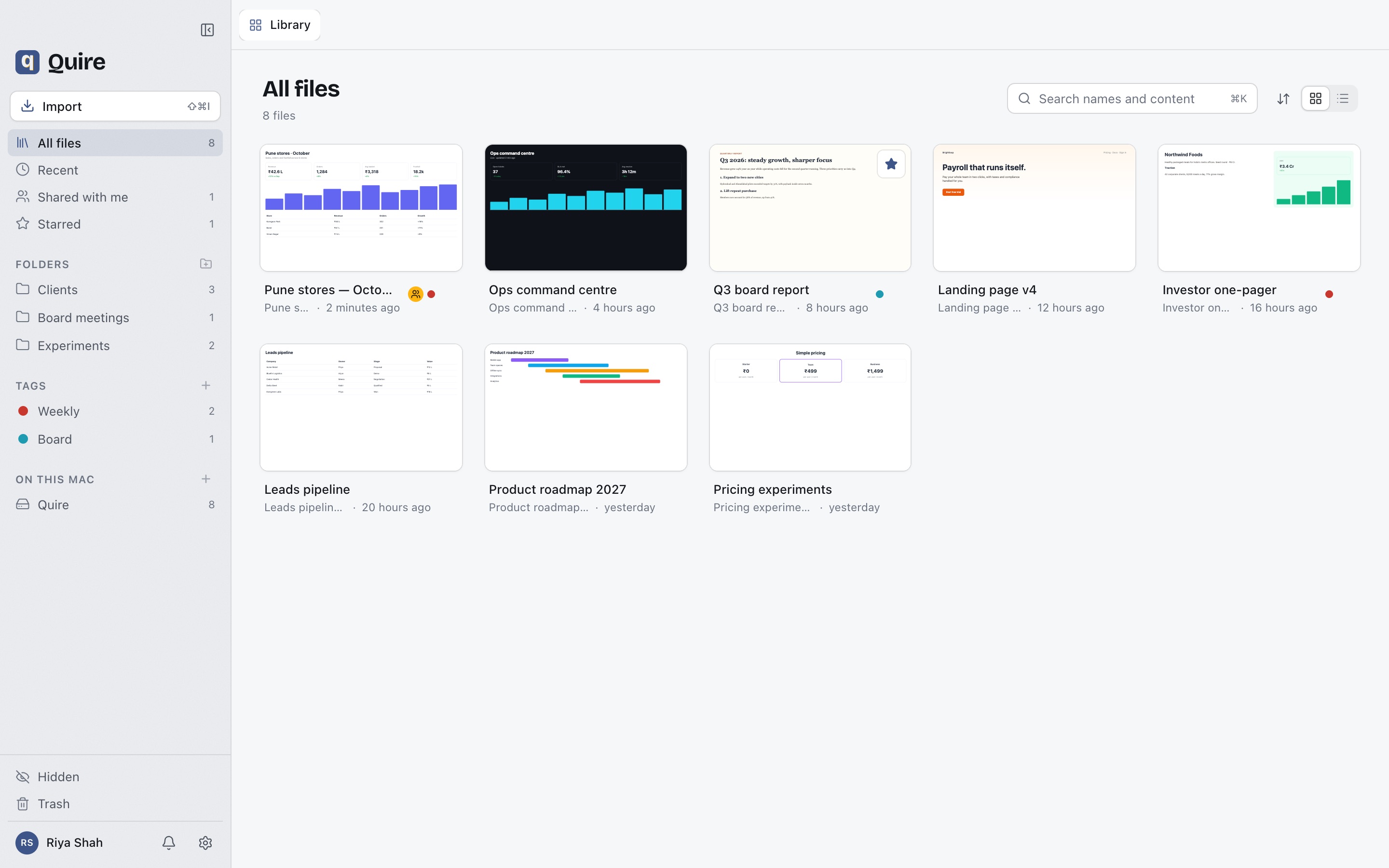 The Quire library: live previews of dashboards, reports and landing pages, with folders and tags in the sidebar.